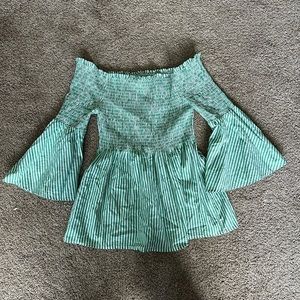 Cool Sono Green & white striped off the shoulder smock shirt size medium
